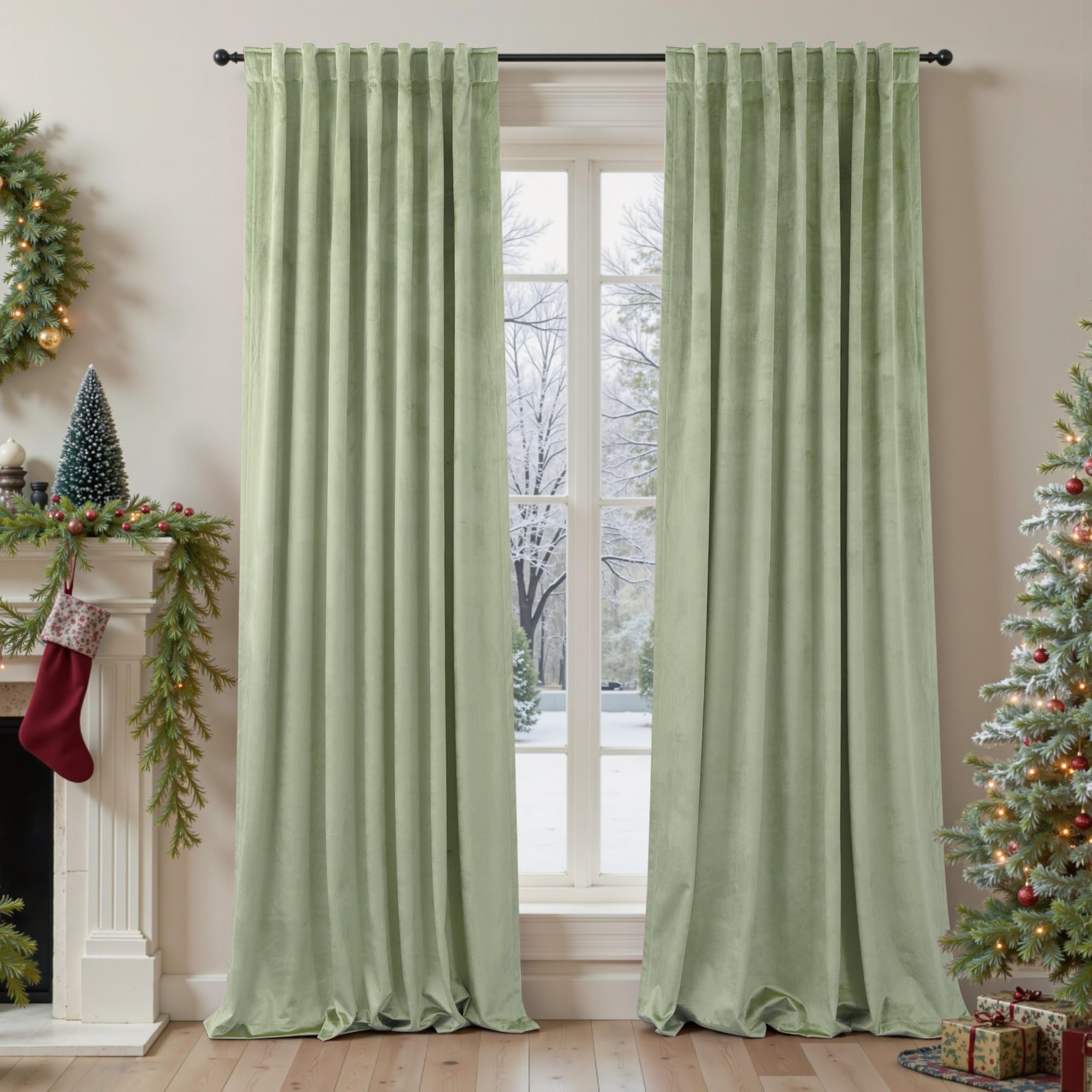 Photo 1 of Sage Green Velvet Curtains for Bedroom 84 Inch Length 2 Panels Set Thick Privacy Thermal Insulated Dark Out Room Darkening Light Sage Boho Curtain Drape for Living Room Luxury 84 Long Back Tab Pocket