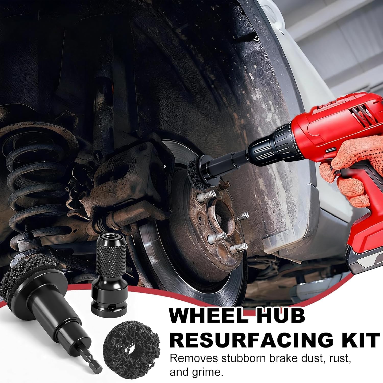 Wheel Hub Cleaning Kit, Inner Rim Cleaner Tool, Brake Hub Cleaning Kit Includes 5 Pads,Fits Power Drill or 1/2" Impact Driven Wrenches- Quick Rust Removal for Lug Studs and Rotors Hub Cleaning Tool