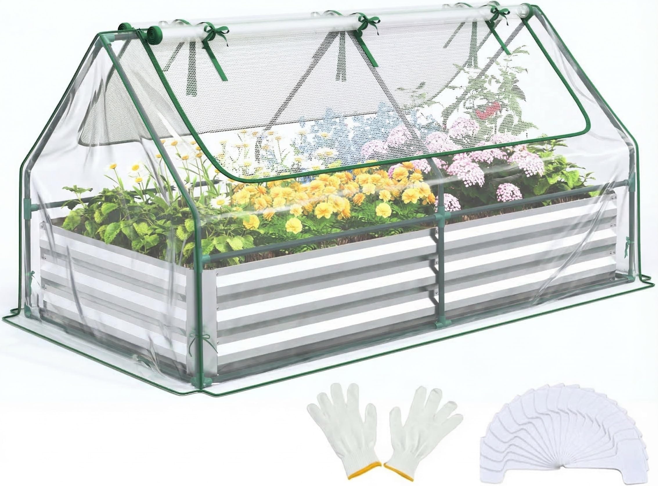 Quictent 6x3x1ft Galvanized Raised Garden Bed with Cover Metal Planter Box Kit, w/ 2 Large Screen Windows Mini Greenhouse 20pcs T Tags 1 Pair of Gloves Included Outdoor Growing Vegetables (Clear)