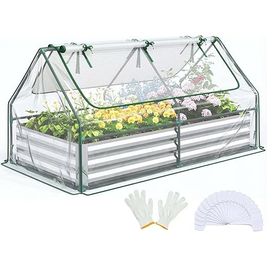 Quictent Raised Garden Bed with Cover Outdoor Galvanized Metal Planter Box Kit, w/ 2 Large Screen Windows Mini Greenhouse 20pcs T Tags 1 Pair of Gloves Included for Growing Vegetables 6x3x1ft (Clear)