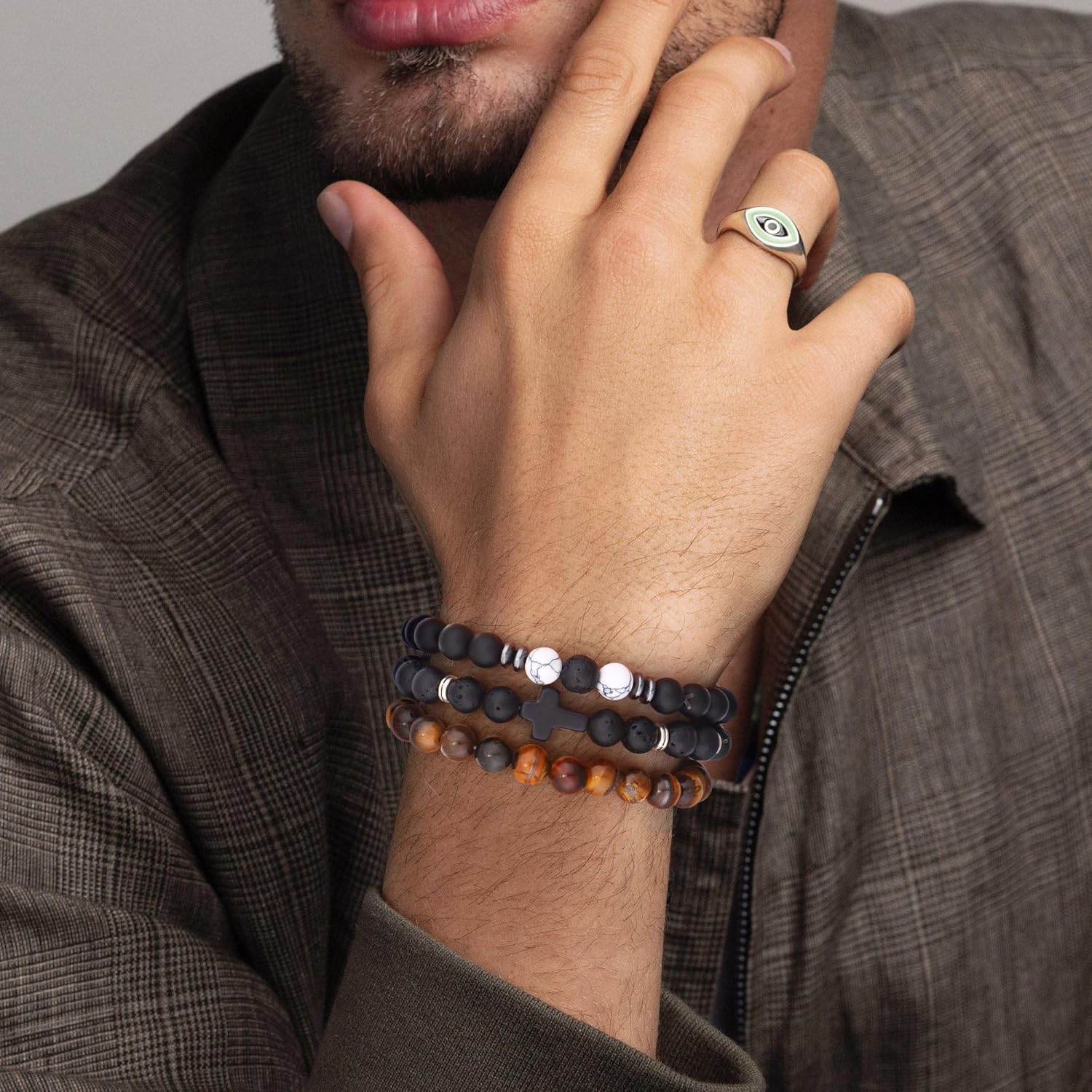 Jewdreamer 12PCS Beaded Bracelets for Men 8MM Tigers Eye Bracelet Natural Stone Crystal Bead Cross Bracelet Adjustable Stretch Christian Bracelets Jewelry Gifts - Image 4