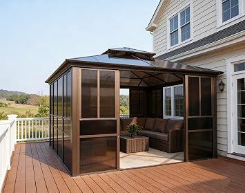 12x14 Sunroom Gazebo, Enclosed Outdoor Solarium with Tinted Polycarbonate Roof, 4 Lockable Sliding Doors & Aluminum Frame, Permanent Hardtop Patio Gazebo for Backyard