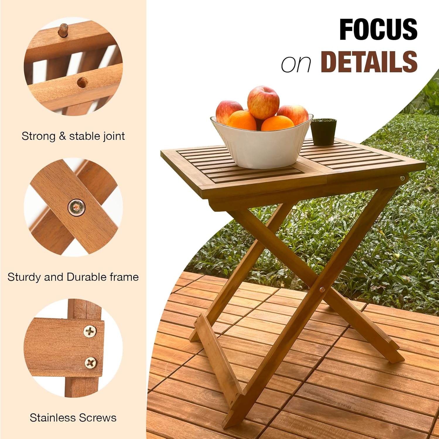 Folding Wooden Side Table – Premium Portable Foldable Table for Outdoor & Indoor Use, Patio, Camping & Small Spaces – Perfect with Adirondack Chairs – Golden Teak Finish