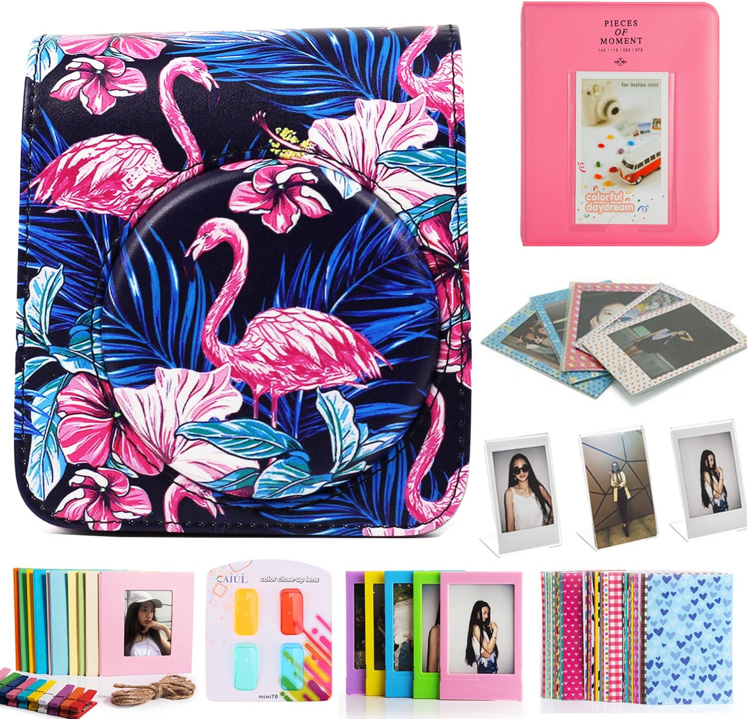 CAIUL Compatible Instax Mini 70 Camera Accessories Bundle with Case, Photo Album, Filters Lens, Frame Other Accessories for Fujifilm Instax Mini 70 Camera (Flamingo Black, 8 Items)