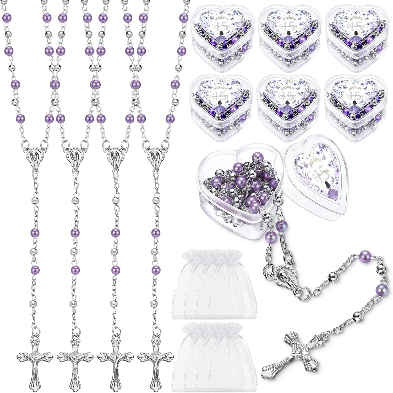 Huwena 24 Sets Quinceanera Party Favor for Guest Recuerdos Para 15 Años Quinceañeras Catholic Rosary Necklace Bulk Crucifix Prayer with Faux Pearl Sweet 15th Birthday Religious Gift with Box(Purple)