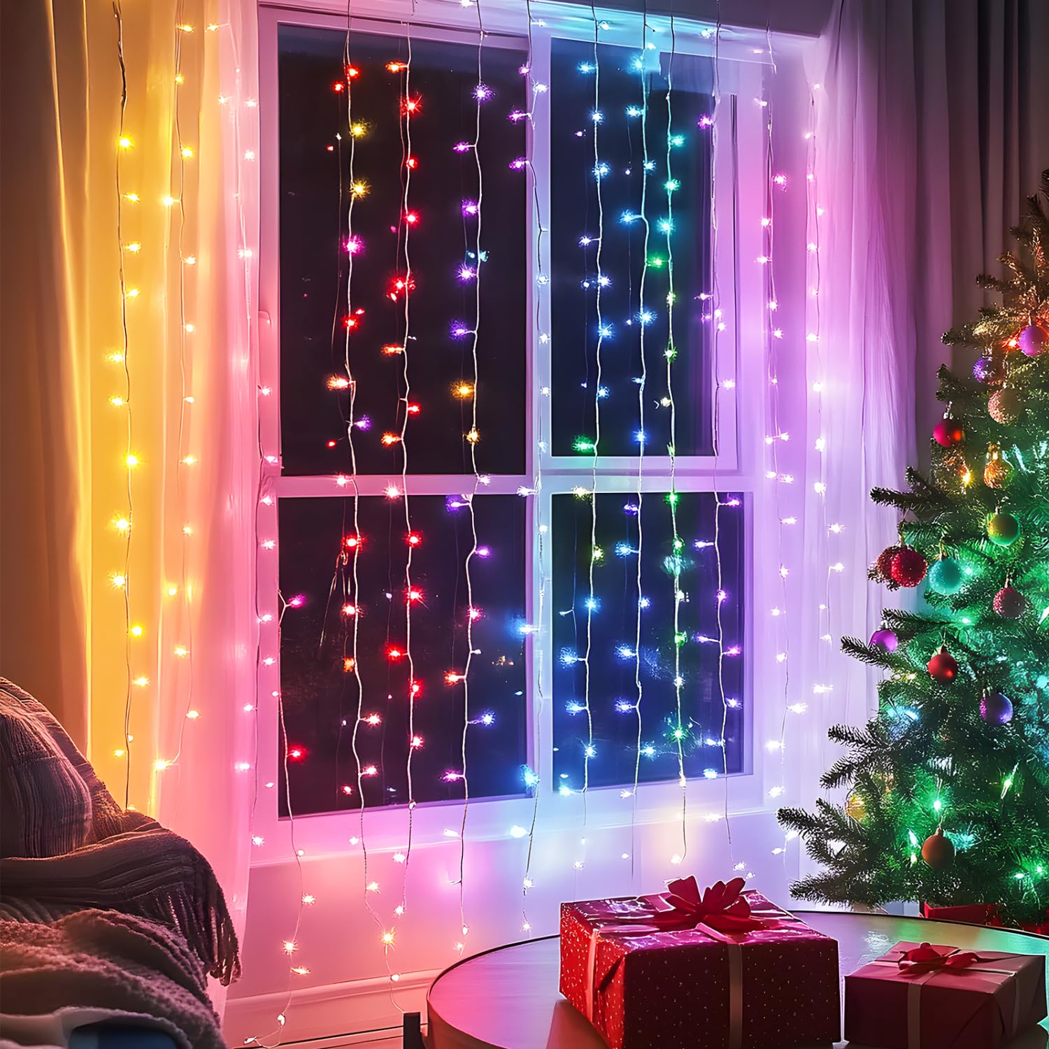 Aigostar Cortina de Luces Navidad Para Exterior y Interior,1 * 1m 100LED 8 Modos Luces de Cadena de Cortina,IP44 Impermeable con Temporizador,Luces LED Navidad para Habitacion,Exterior,Fiesta,RGB