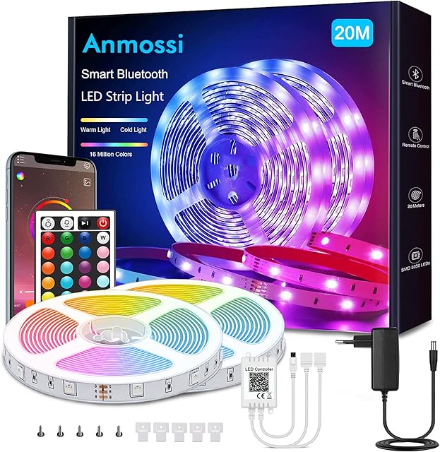 Anmossi LED Strip Light 20m,Smart Bluetooth LED Lights Strip Music Sync,RGB Colour Changing LED Strip Light with Remote,App Control,Led Strip Light for Indoor,Bedroom,Living Room,DIY Decoration