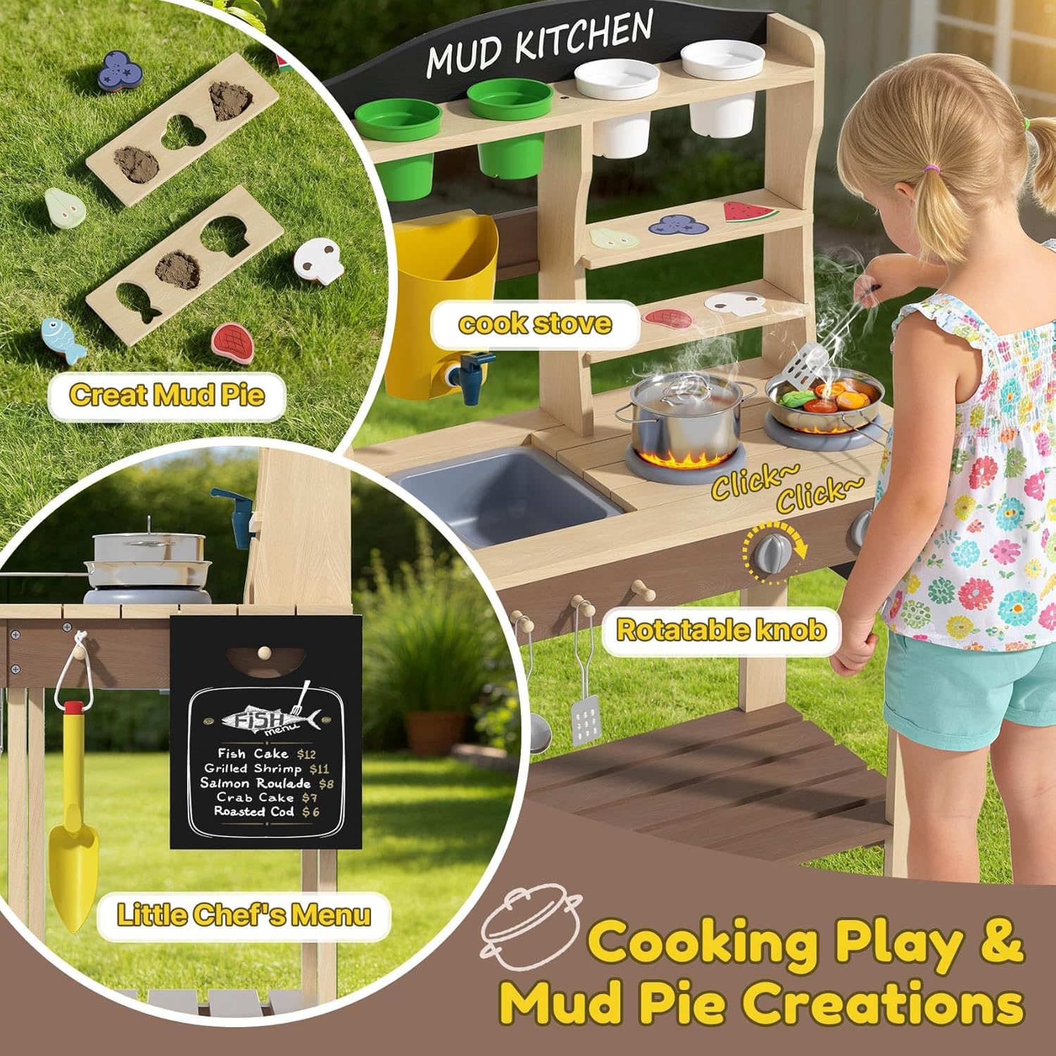 BIERUM Mud Kitchen for Kids Outdoor - Wooden Play Kitchen for Toddlers with Accessories，Pretend Outdoor Playhouse for Kids Ages 3+, Outdoor Kitchen with Sink, Faucet & Storage, Brown