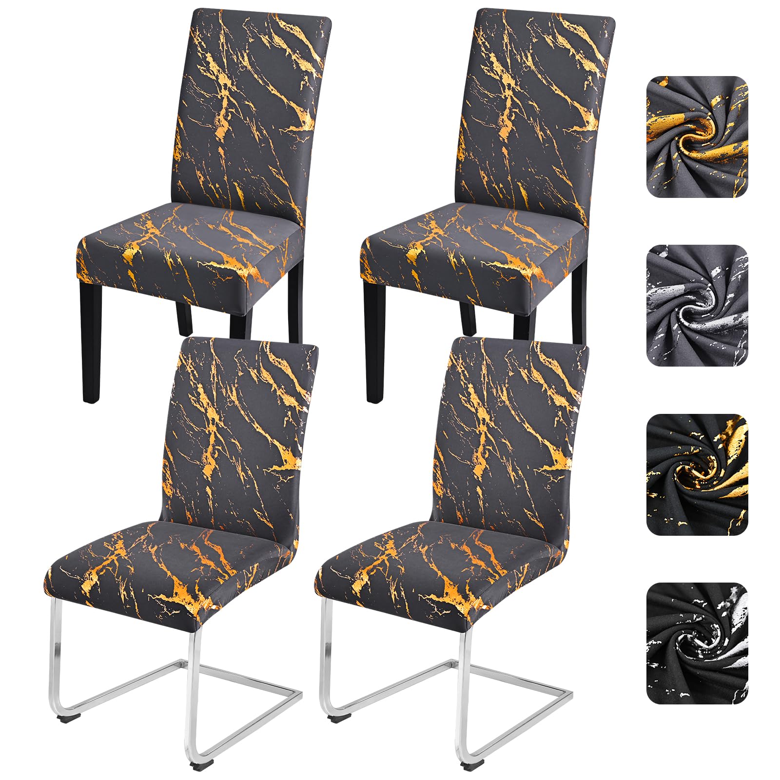 Alishomtll Dining Chair Covers Set of 4, Stretch Chair Slipcovers for Dining Chairs, Elastic Removable Washable Dining Room Chair Protector for Kitchen Hotel Banquet (Grey Gold, 4 pcs)