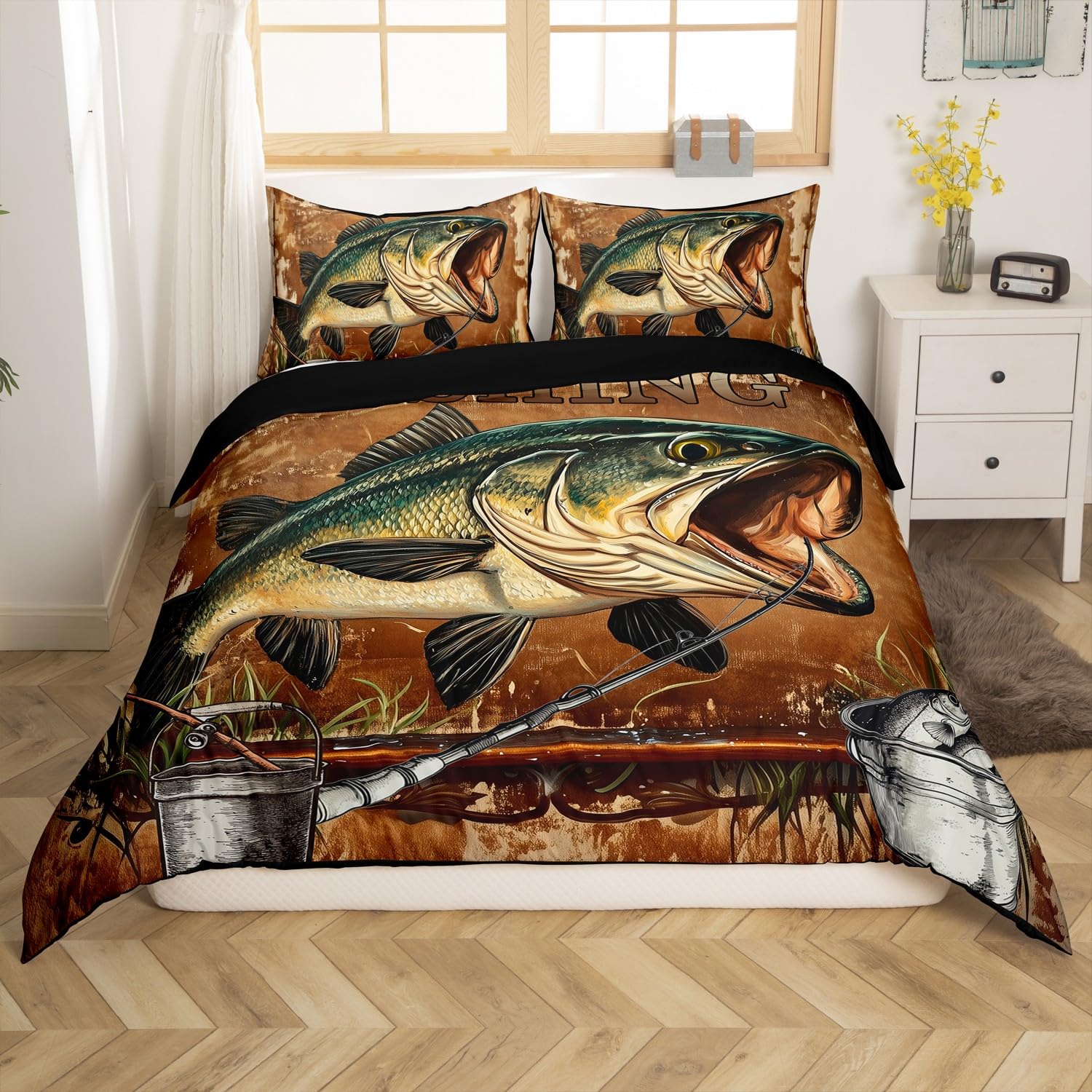 Big Fish Duvet Cover Queen Size for Kids Boys Teens,Hunting and Fishing 3 Pieces Duvet Cover,Green Vintage Wooden Print Soft Comforter Cover (Not Comforter),Underwater Animals Quilt Cover
