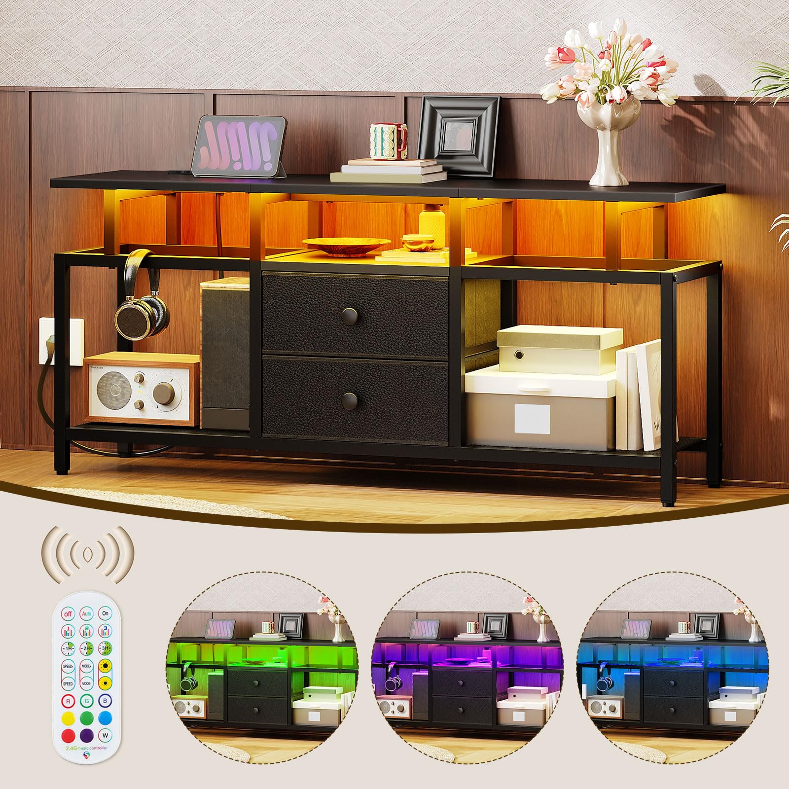 YATINEY Meuble TV Flottant, pour télé de 45'' Pouces maximale, Console Média avec Station de Charge et Ruban LED, 2 tiroirs, Centre de Divertissement pour Salon, Chambre, Noir XDS03CDBB