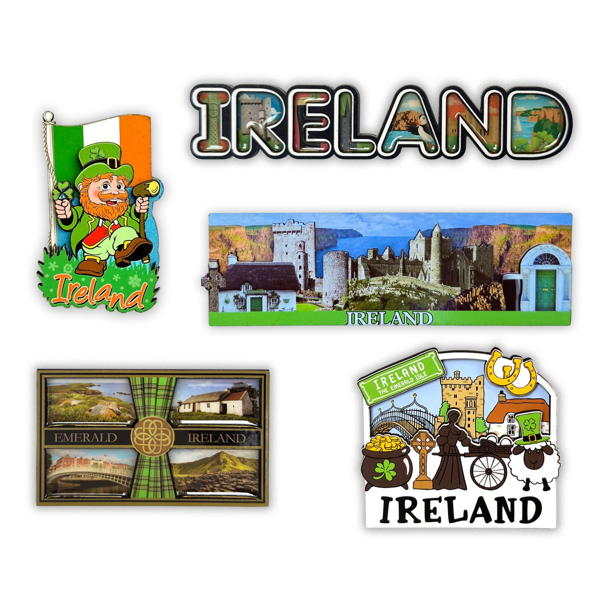 Sajak Multicolor Ireland Souvenirs 3D Wooden Fridge Magnets Set Of 5 - Irish Attractions & Symbols - Gifts From Ireland Home Décor - Kilkenny Castle, Cliffs Of Moher, Shamrock Uk Travel Keepsake