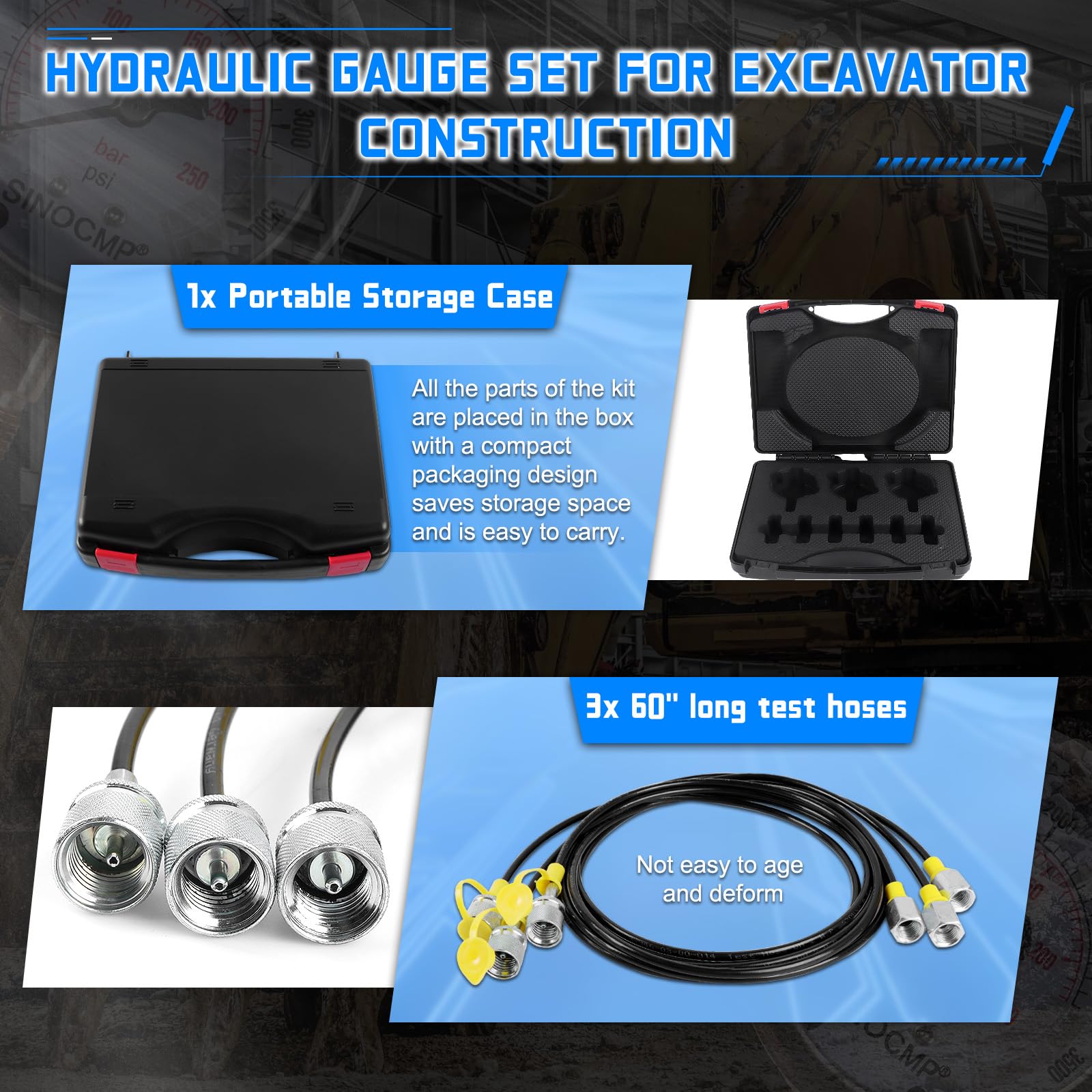 Kit de test de pression pour manomètre hydraulique SINOCMP 6 raccords 3 flexibles de test longs de 160 cm et 3 manomètres 10/25/40 MPA pour excavatrice