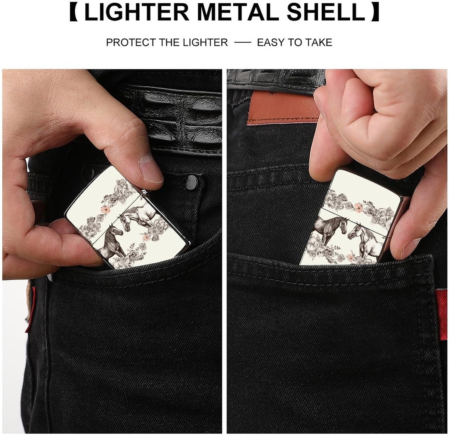 Flowers and Horses Hand Drawn Metal Lighter Cover Case Pouch Holder image 3