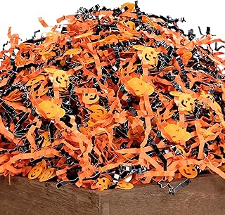 UNIQOOO 16oz Halloween Crinkle Cut Paper, Metallic Black Orange Shredded Paper Raffia Filler w/Pumpkin Confetti, Trick or Treat Candy Gift Basket Box Craft Bedding Cushion, Birthday Party Packaging