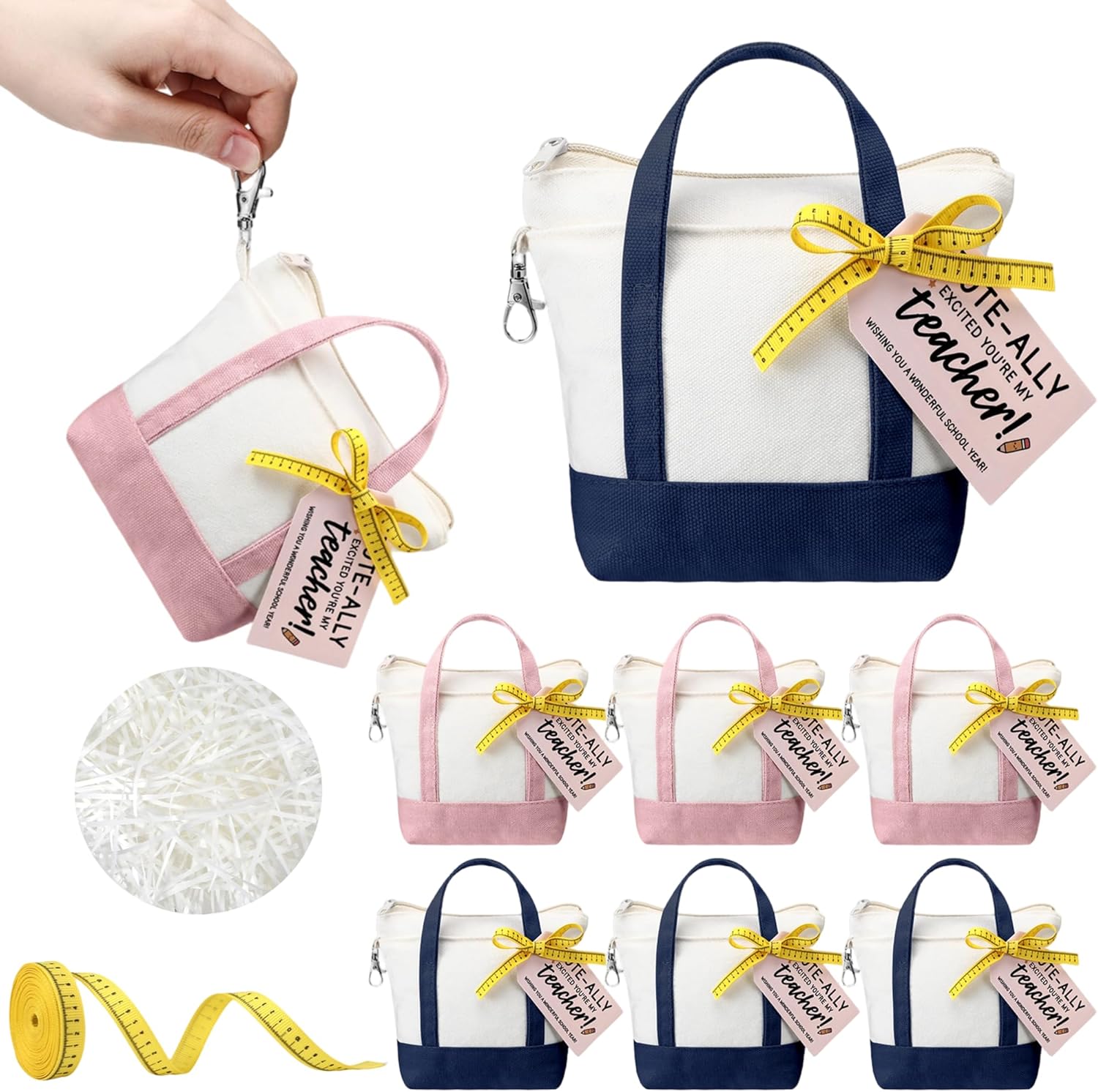 Sunnymove 6 Sets Mini Tote Bag Keychain for Teacher Appreciation Mini Canvas Bag Keychain with Tag Ribbon Raffia Thank You Teacher Appreciation Gift for Classroom (Classic Style,Pink and Dark Blue)