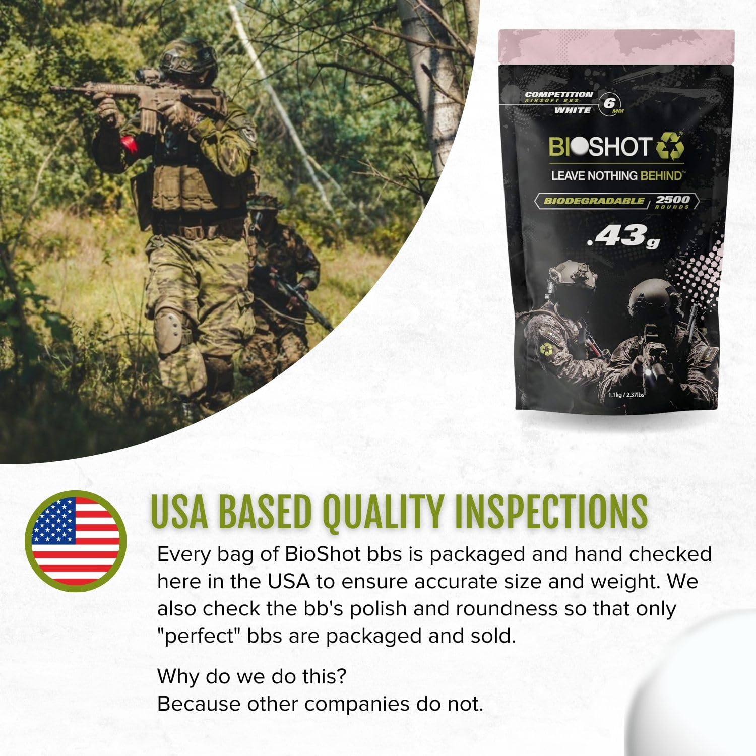 Biodegradable Airsoft BBS - .43g Super Slick Polish - Seamless Sniper Weight Competition Match Grade for All 6mm Airsoft Guns and Accessories (2500 Rounds, White)