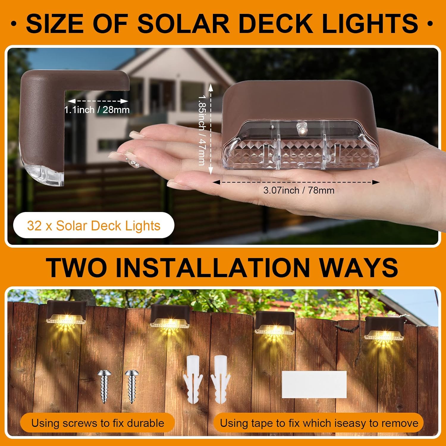 Geelin 32 Pcs Solar Deck Lights Outdoor, Waterproof LED Solar Step Fence Lights for Stairs, Step, Railing, Patio, Driveway, Garden, Pathway and Yard(Brown Shell Warm White Light)