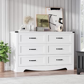 Thacuok 6 Drawer Dresser for Bedroom 47" Wide Modern Wooden Chest with Natural Wood Texture, TV Stand & Storage, Metal Corner Brackets, Wood Drawer Organizer for Living Room, Hallway