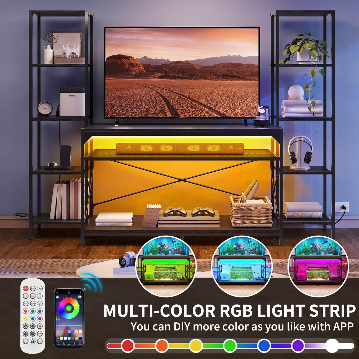 YITAHOME Farmhouse TV Stand for 50/55/60 Inch with Power Outlet & LED Light, Wooden TV Media Console w Storage Display Shelves for 860lbs, Rustic Entertainment Center Table TV Cabinet for Living Room