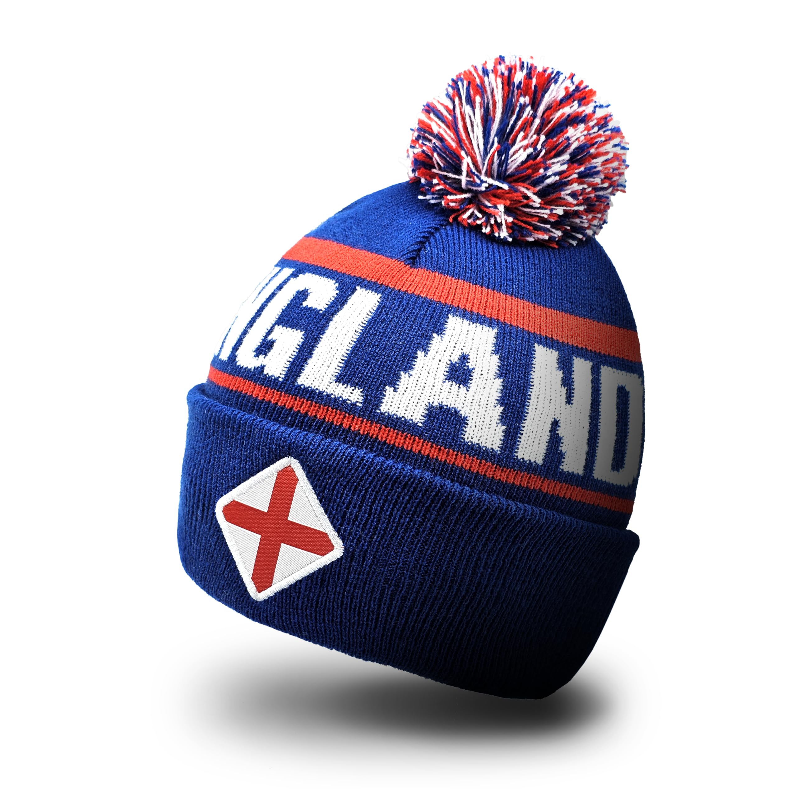Strength & Honour Unisex Blue, Red And White England Pompom Beanie Hat - Double Knitted Soft Touch Super Warm Adult Rugby Supporters Fans Ski Hat Gift