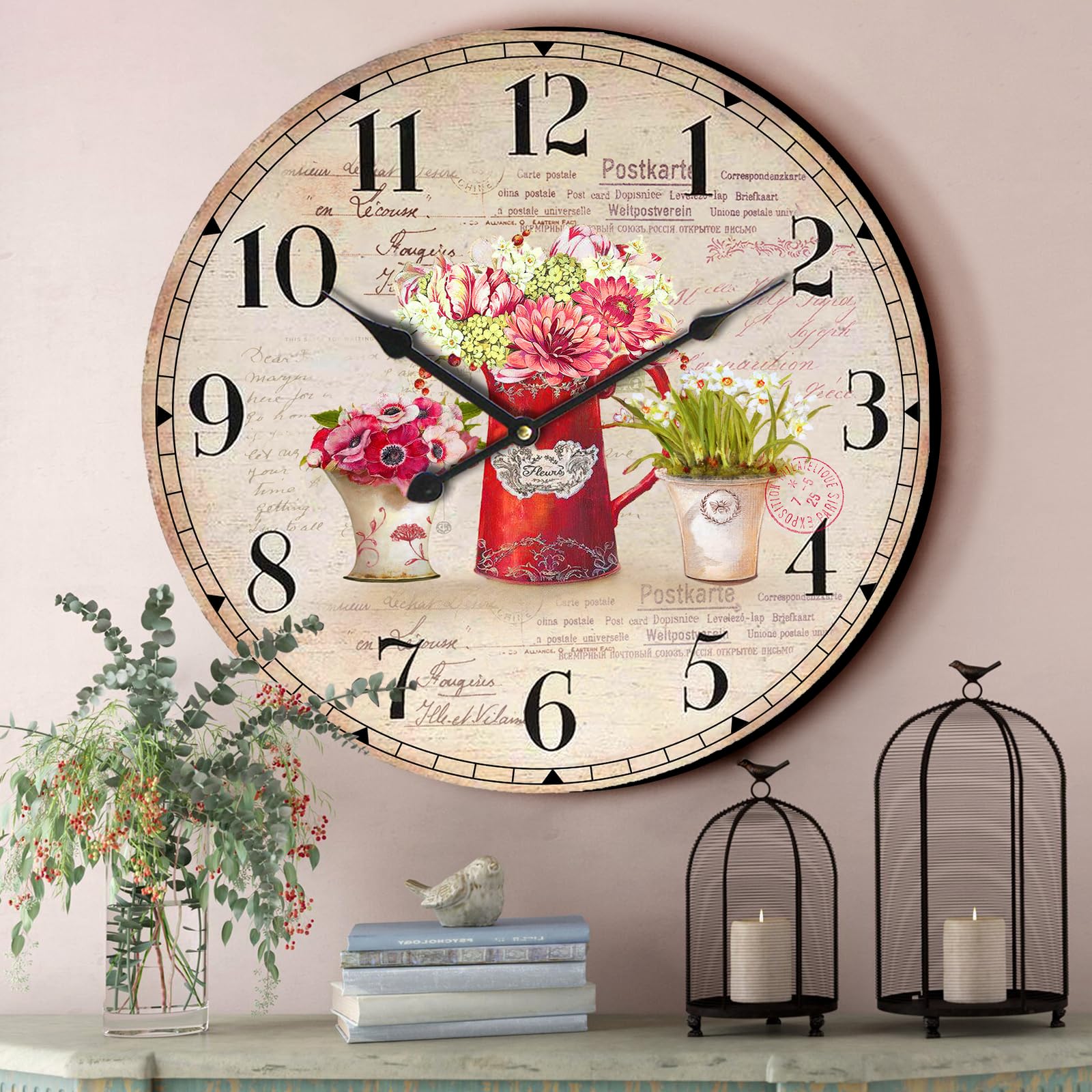 Floral Flower Wall Clock, 24 Inch French Country Vintage Clocks Silent Non-Ticking Wall Clocks Farmhouse Clock Rustic Indoor Decor Battery Operated for Kitchen Living Room Bedroom Office