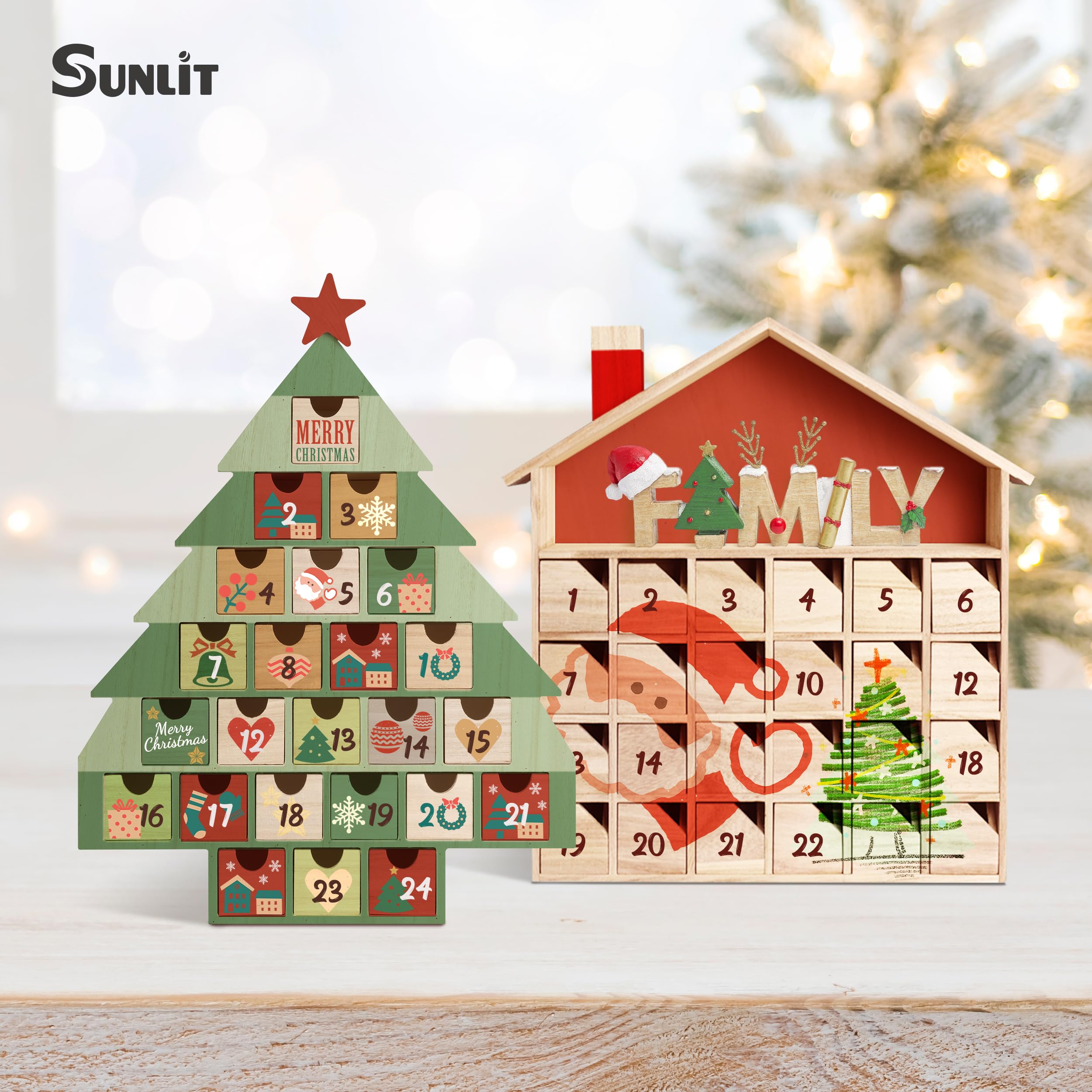 Sunlit Weihnachts-Adventskalender aus Holz mit Schubladen, unlackiertes Holz, Countdown-Kalender in Weihnachtsbaumform, fertig zum Dekorieren und Personalisieren, Bastelaufbewahrungsbox, DIY Guru und