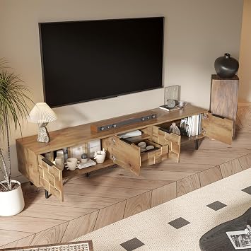 TV Stand for 65 75 85 Inch Tvs Entertainment Center with 1 Deep Drawer and Open Shelf Media Consoles with 4 Soft-Closing Cabinet Doors for Living Room, Natural