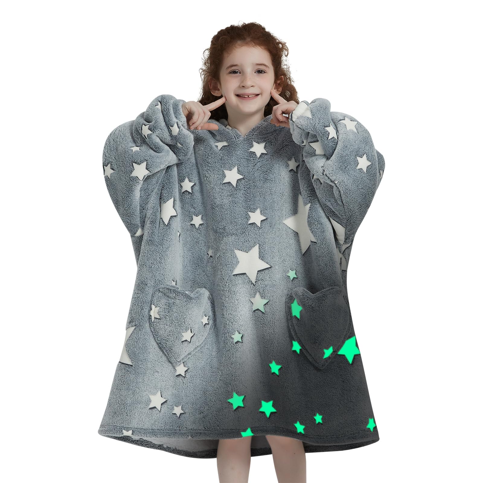 Fiosnow Glow in the Dark Star Blanket Hoodies for Kids 6-13YR Oversize Wearable Blanket Hoodies for Boys Girls Teens