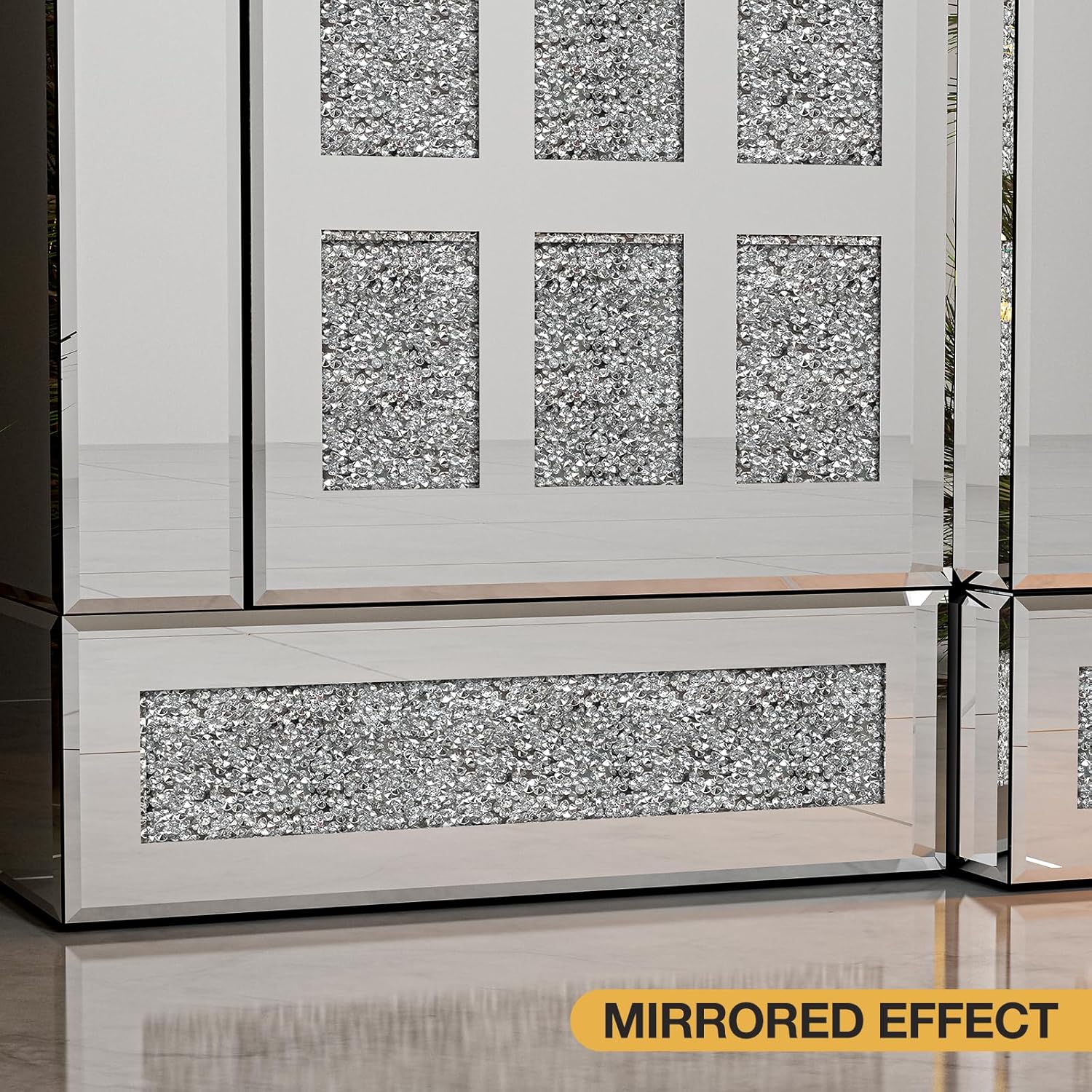 LED Mirrored Fireplace TV Stand for 65 inch TV, Modern TV Console with 2 Drawers and 2 Storage Cabinets, Sliver Crushed Diamond Media Entertainment Center with Remote Control for Living Room