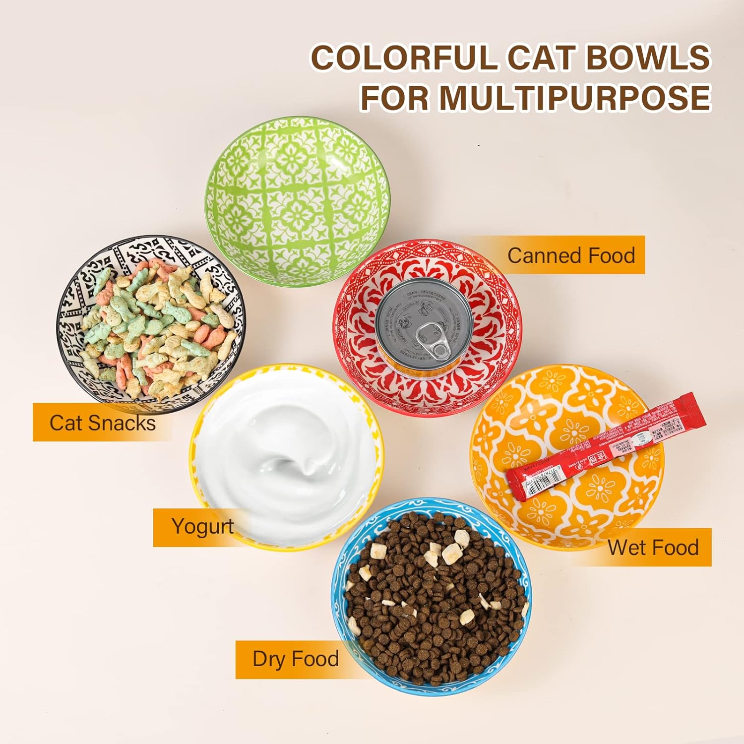 AHX Bundle - Raised Cat Bowl Set Include 6 Colorful Cat Feeding Bowls and 2 Metal Iron Stands