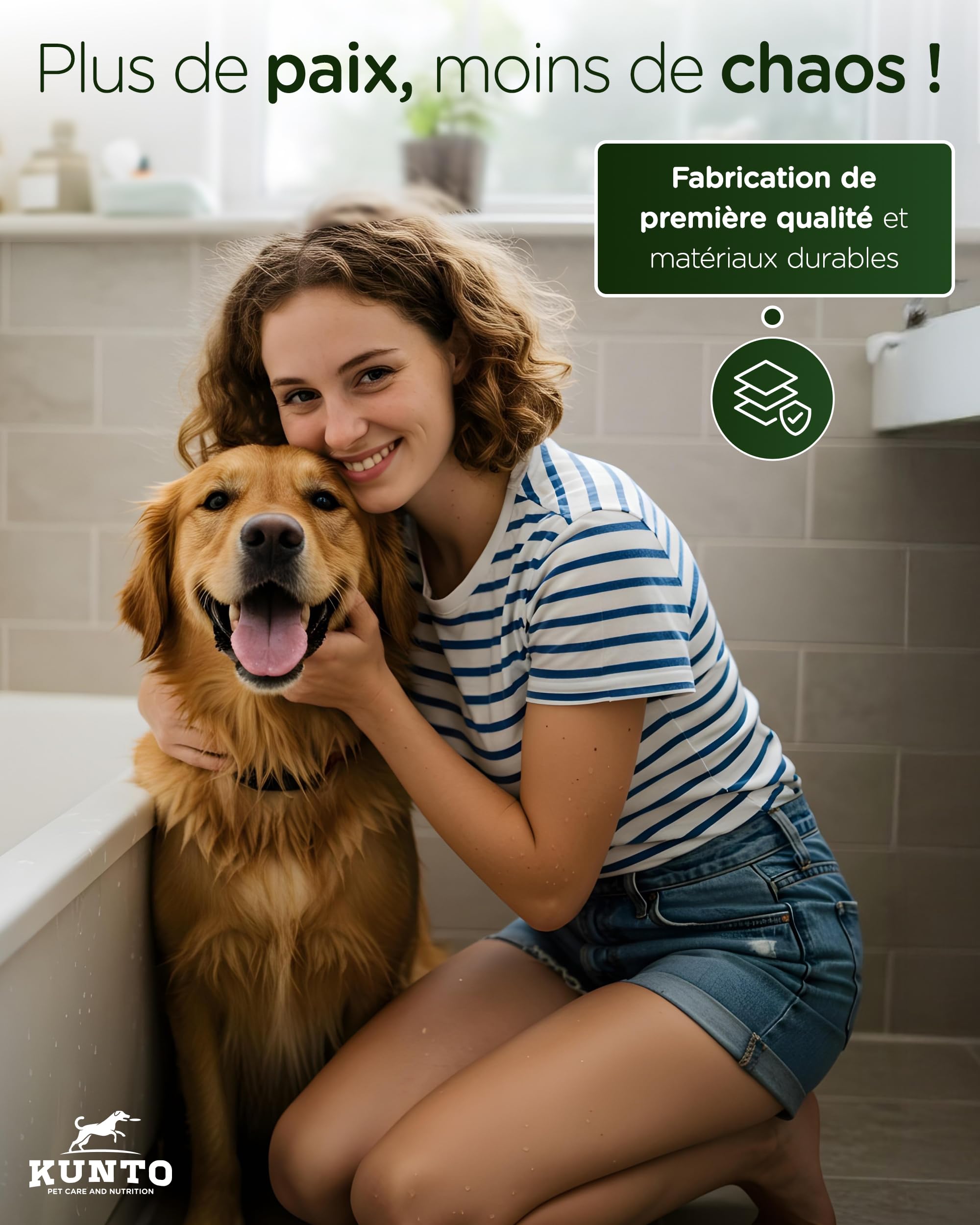 KUNTO® Pomme de douche pour chien avec 4 types de jets - Tête de douche en silicone et adaptateur pour tuyau d’arrosage