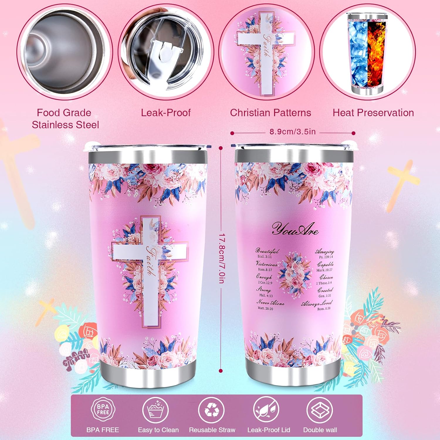 Christian Gifts for Women, 9 PCS Religious Gift Bulk Set Includes 20 oz Tumblern Straw Brush Sock Acrylic Quota Panel Keychain Bracelet Thanks Card Gift Box, Perfect Christmas Faith Gifts for Girls - Image 2