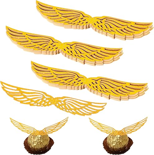 50 piezas de decoración de chocolate para fiesta de mago, alas doradas de Snitch decoración de chocolate, alas de snitch con 50 puntos de pegamento,