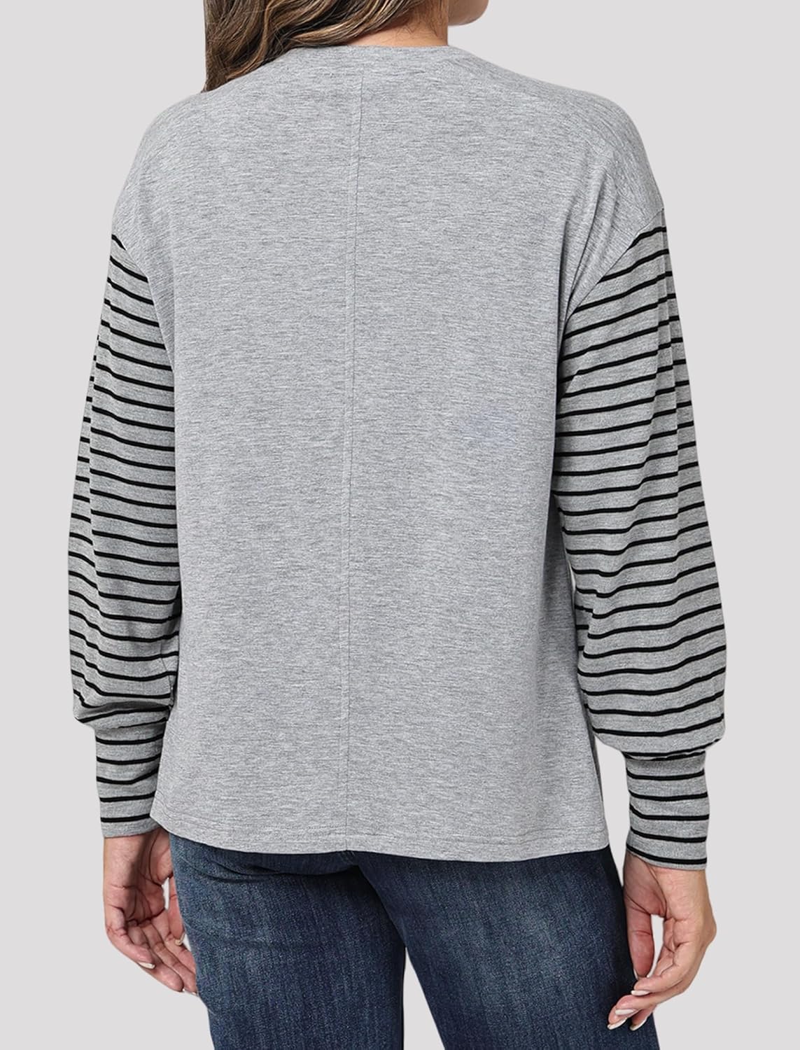 Womens Long Sleeve Shirts Fall Loose Fit Crewneck Casual Color Block Fashion Dressy Work Outfit 2025 Gray Blue L - Image 4