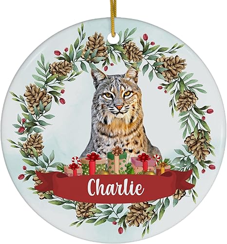 Diseño temático de piñas con nombre personalizado Bobcat adornos de Navidad 2024 círculo blanco cerámica salvaje amante regalos