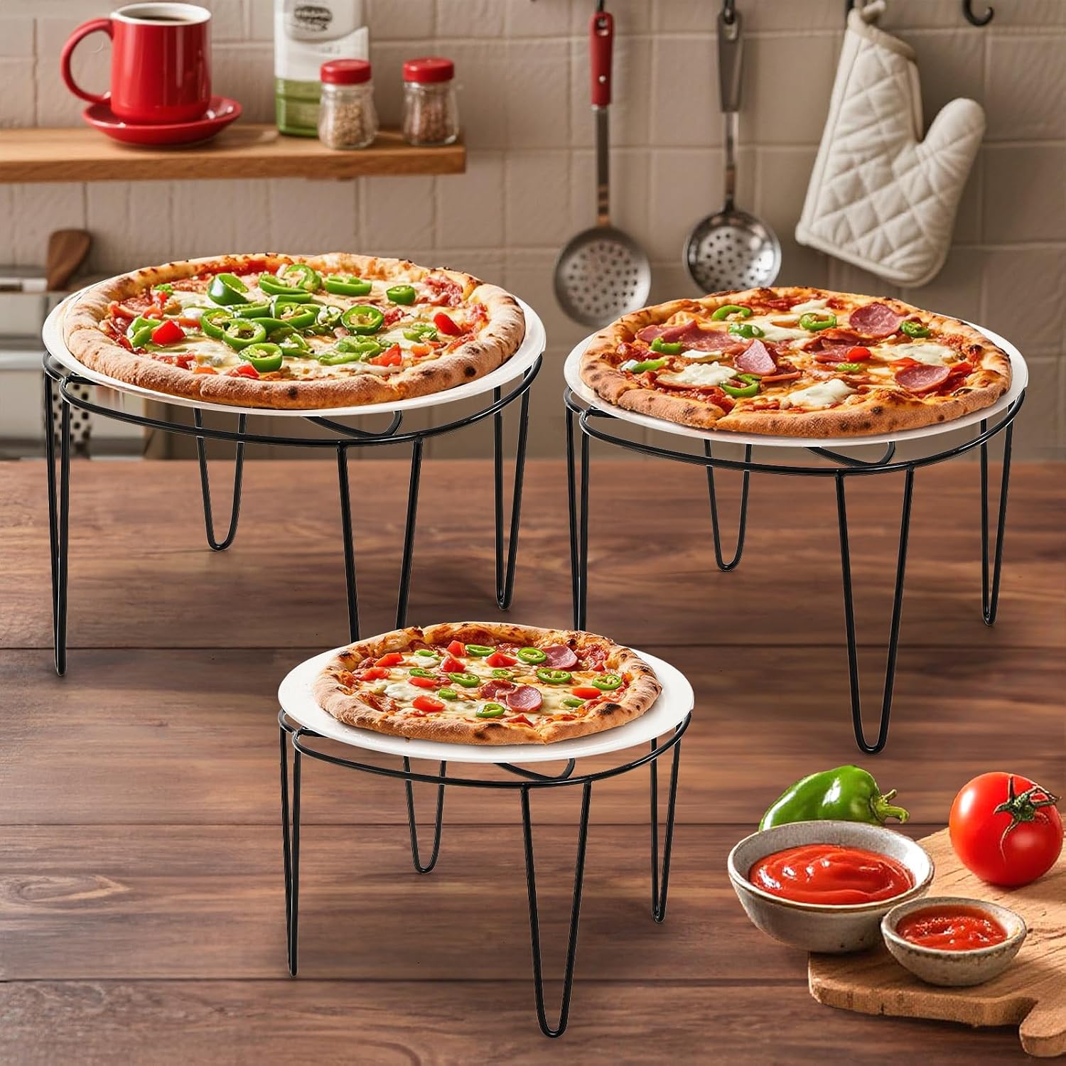Covzoe Set of 3 Metal Pizza Stand Holders, 8, 9, 10 Inch | Heavy Duty Wire Pizza Pan Riser, Tabletop Pizza Display Rack, Food Platter Serving Stand for Home Restaurant Party