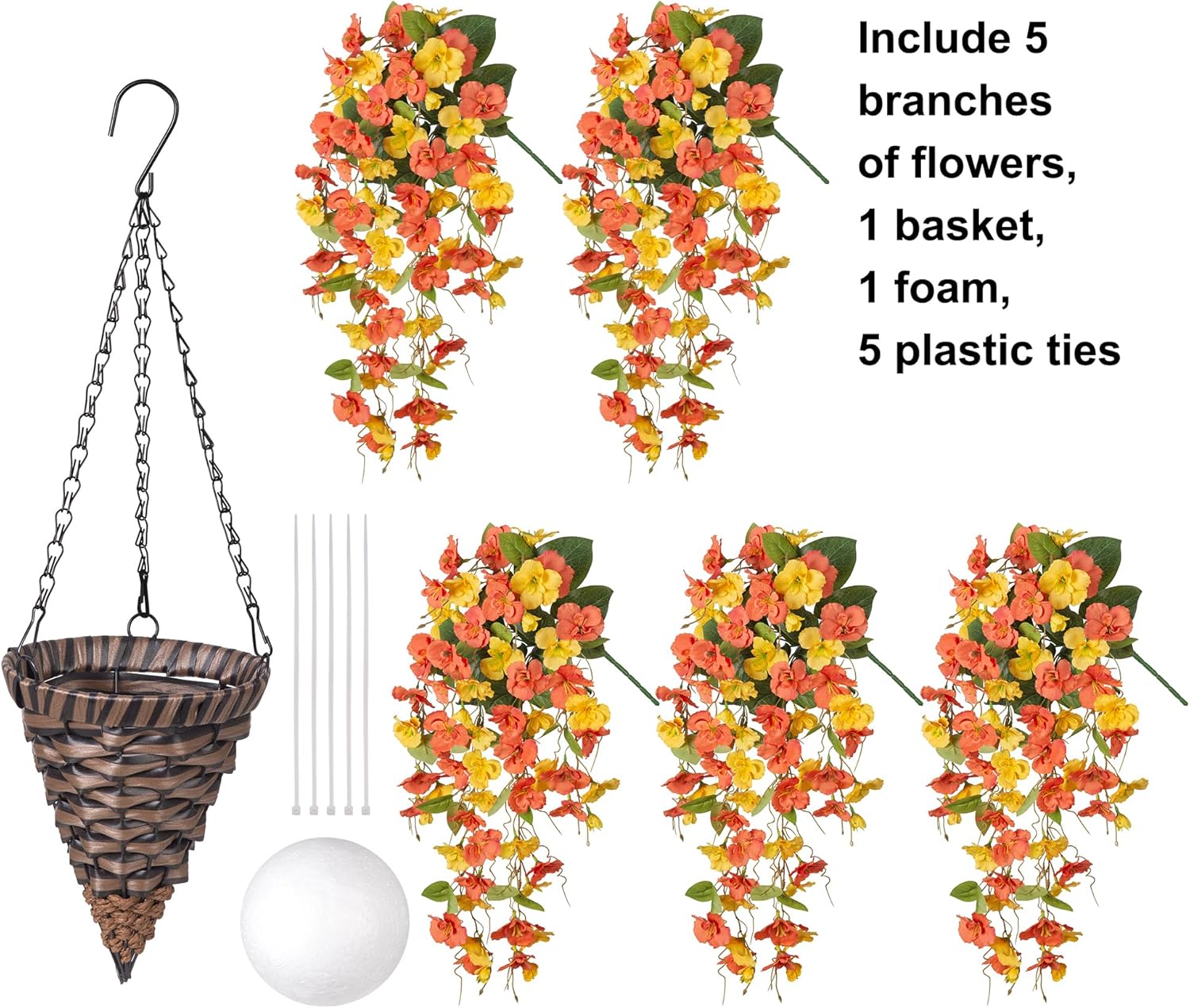 HyeFlora Artificial Fake Hanging Flowers Plants Baskets for Outdoor Decoration, 5Pcs Faux Silk Hibiscus Long Vines in Planter Look Real for Outside Home Porch Patio Garden (YellowOrange) - Image 4