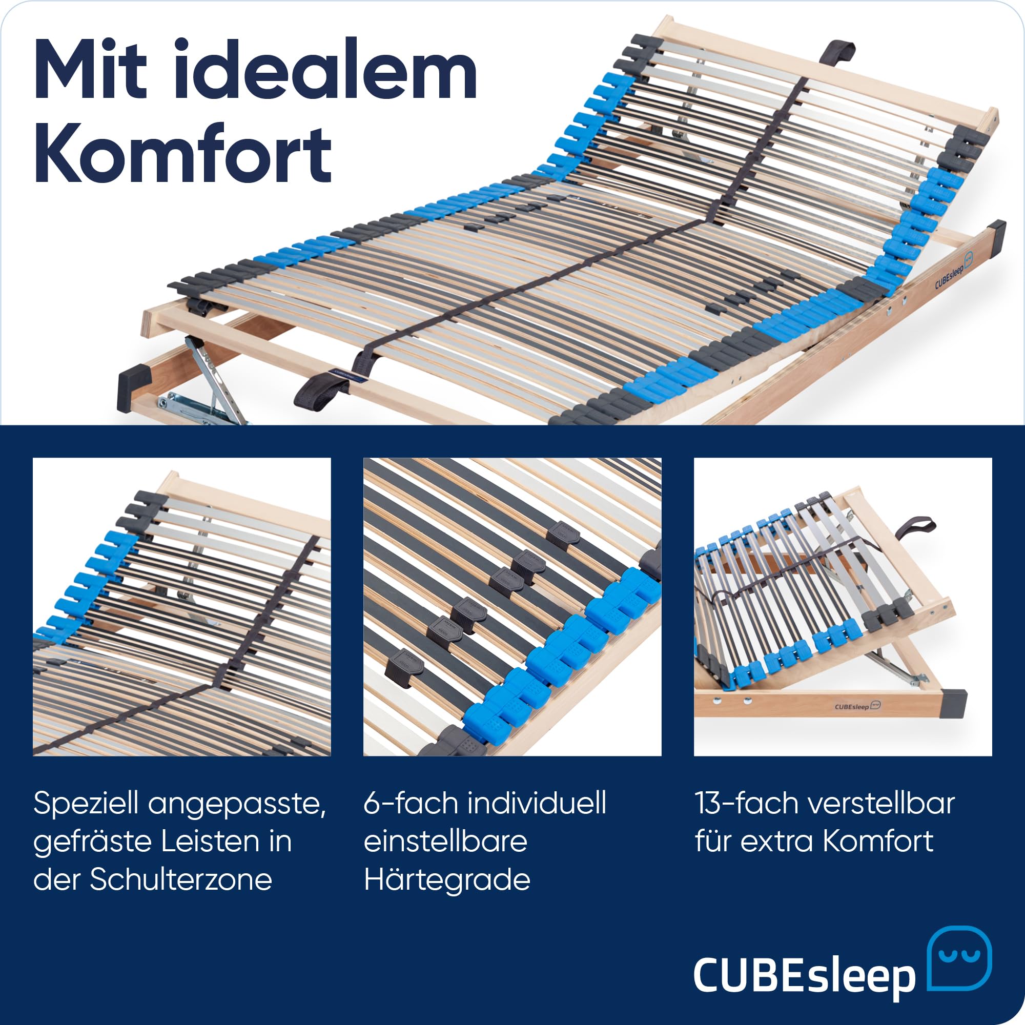 CubeSleep 7 Zonen Lattenrost Pure ECO KF 42 Leisten mit Bettkasten-Funktion | Kopf- und Fußteil verstellbar | Made in Germany (90 x 200 cm)