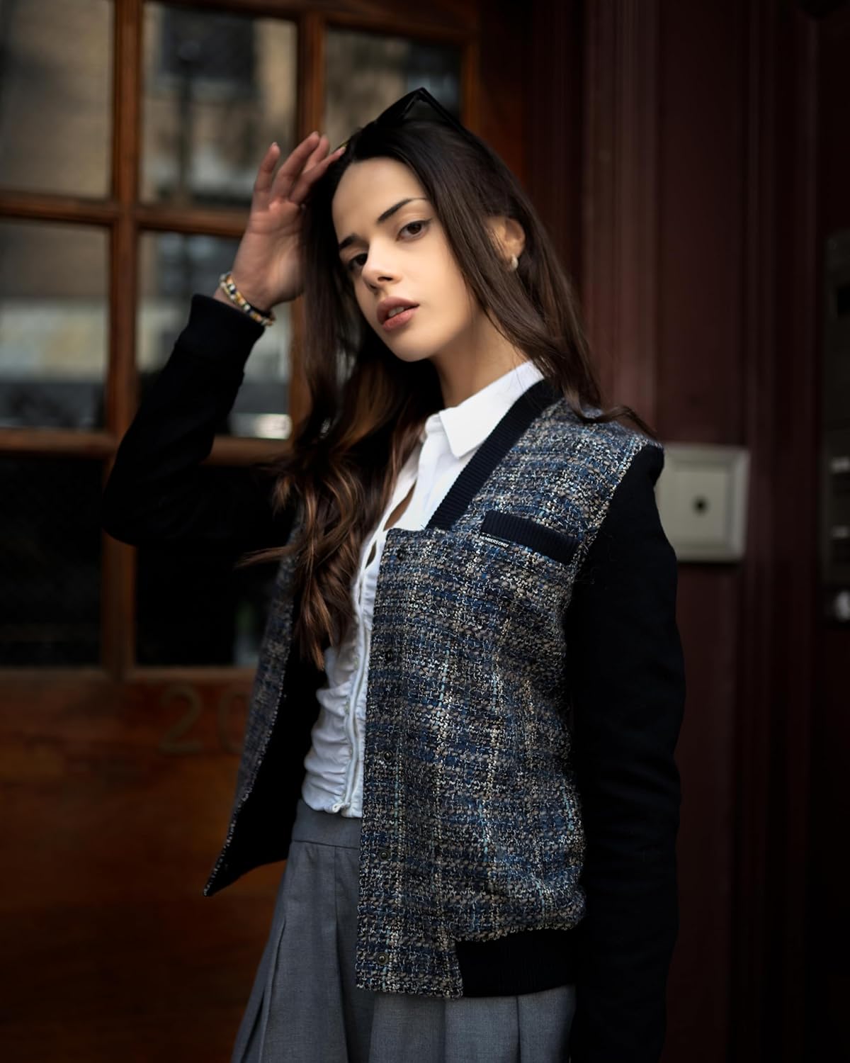 Members Only Women's Updated Tweed Varsity Jacket with Contrast Sleeve - Image 2