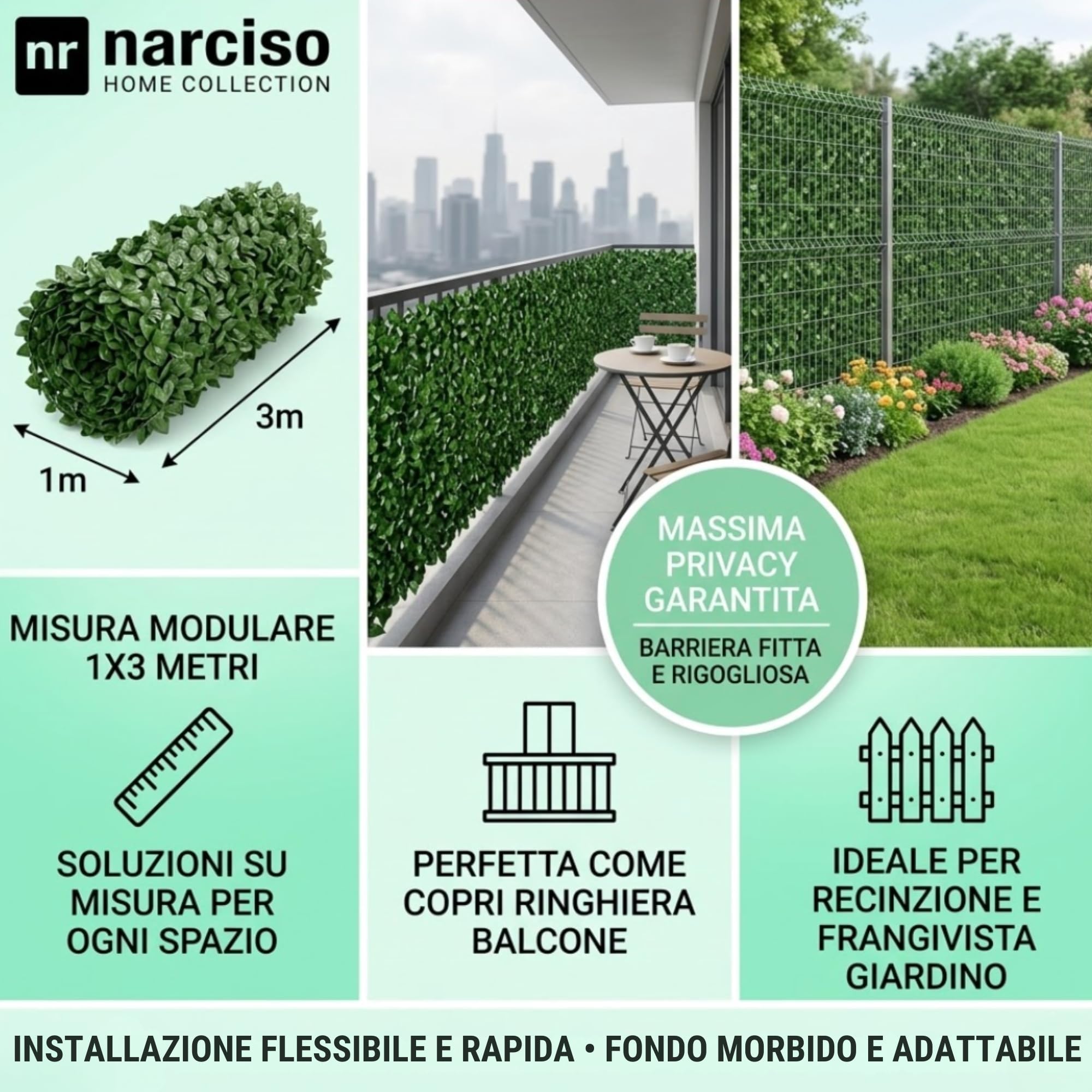 NARCISO Siepe Artificiale da Esterno Set 3pz 1x3 Metri, Siepe Finta per Recinzione Giardino Esterno, Edera in PVC Perfetta per Garantire Privacy Copri Ringhiera Balcone e Frangivista Giardino
