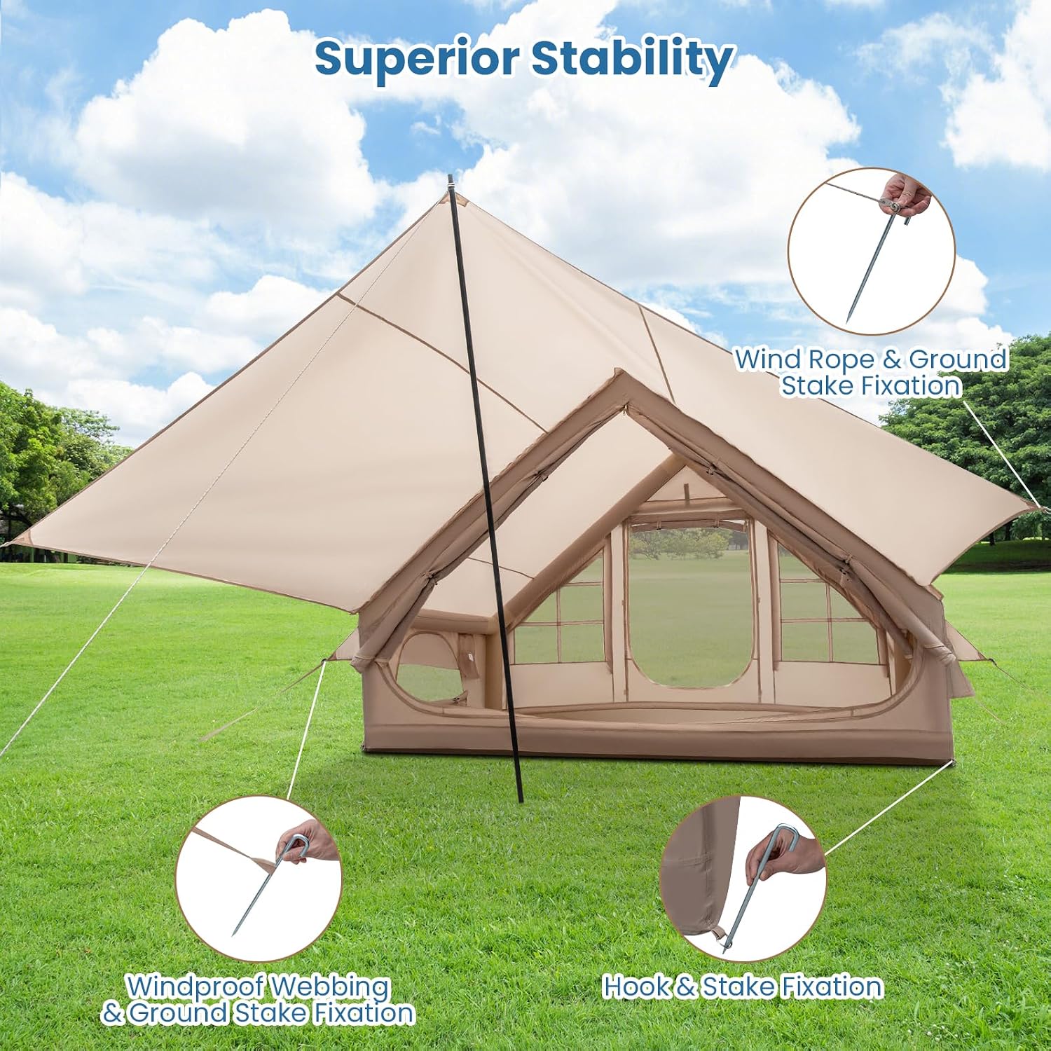KOTEK Inflatable Tents for Camping, 4-6 Person Air Glamping Tent with Pump, Detachable Porch, Zippered Doors & Double-Layer Mesh Windows, Easy Setup Blow Up Tent for 4 Seasons