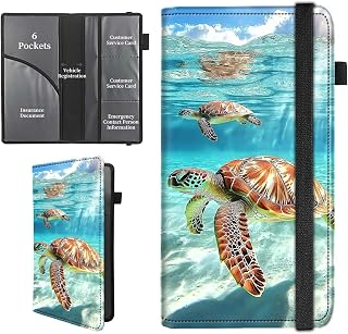 Car Insurance and Registration Holder,PU Leather Vehicle Glove Box Wallet Case Essential Documents Organizer for Driver's License Cards,Sea Turtles Swimming
