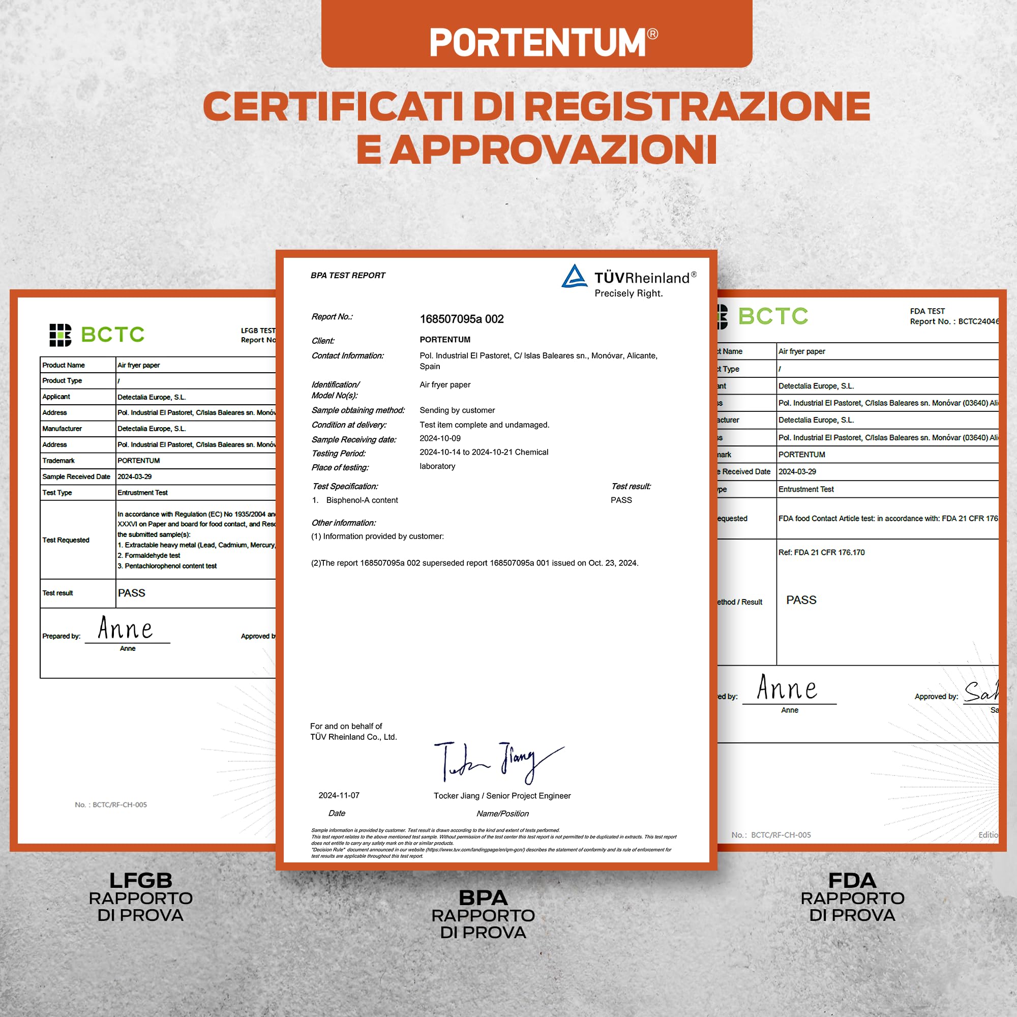 PORTENTUM Carta forno per friggitrice ad aria, 100 unità quadrate 20–24 cm, adatte a modelli 5–8 L. Certificata BPA Free, FDA e LFGB