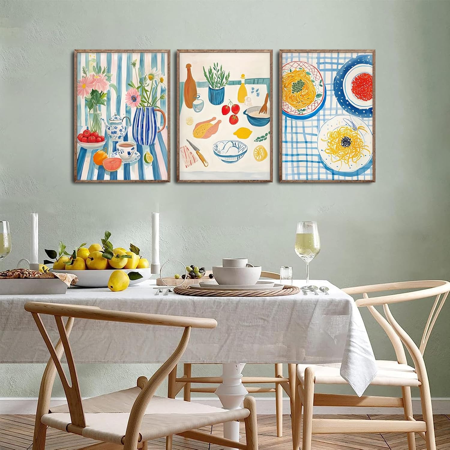 3Pcs Blue Striped Dining Room Food Wall Art Colorful Funky Kitchen Wall Decor Pictures Vintage Kitchen Plant Posters Prints Pasta Night Painting for Dining Room Kitchen Home Decoration Unframed