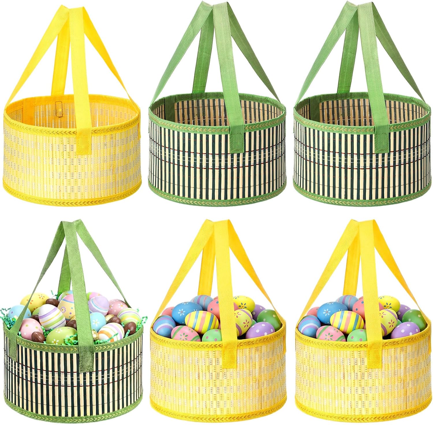 Willinglong 6 Pcs Foldable Easter Woven Bamboo Baskets Empty 10 x 6 Inch Large Basket Bulk Set with Handle for Easter Egg Spring Picnic Hunt Party Favor(Yellow,Green)