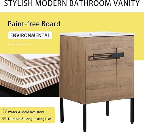 Miniatura 6 de Vanidad de baño de 24 pulgadas con fregadero, tocador de baño independiente de 24 pulgadas, juego de gabinete marrón con soporte de suelo