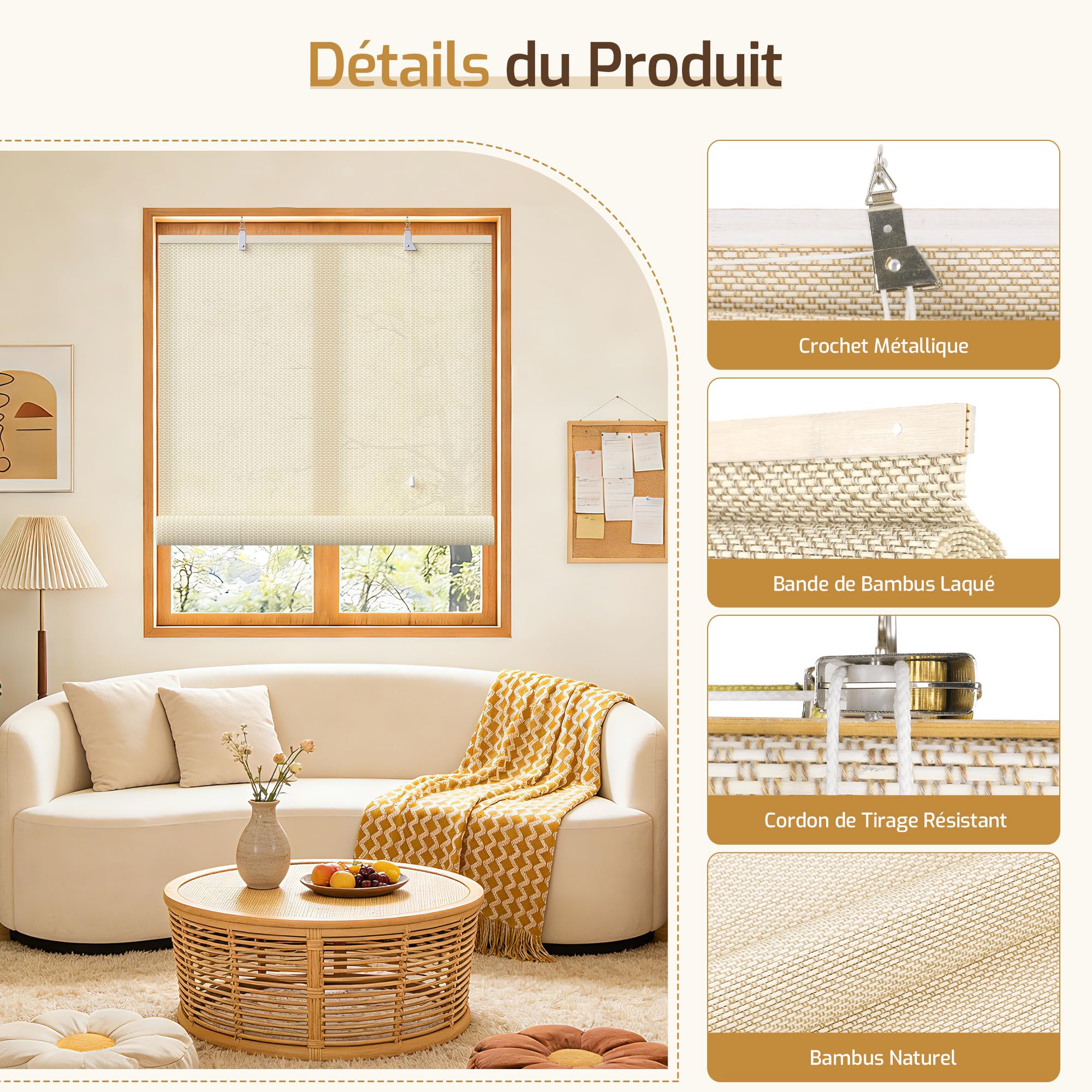 Grandekor Store Enrouleur Extérieur Occultant Bambou 110 x 220cm Crème, Résistant Extérieur pour Terrasse Véranda Pergola Porte & Fenêtre