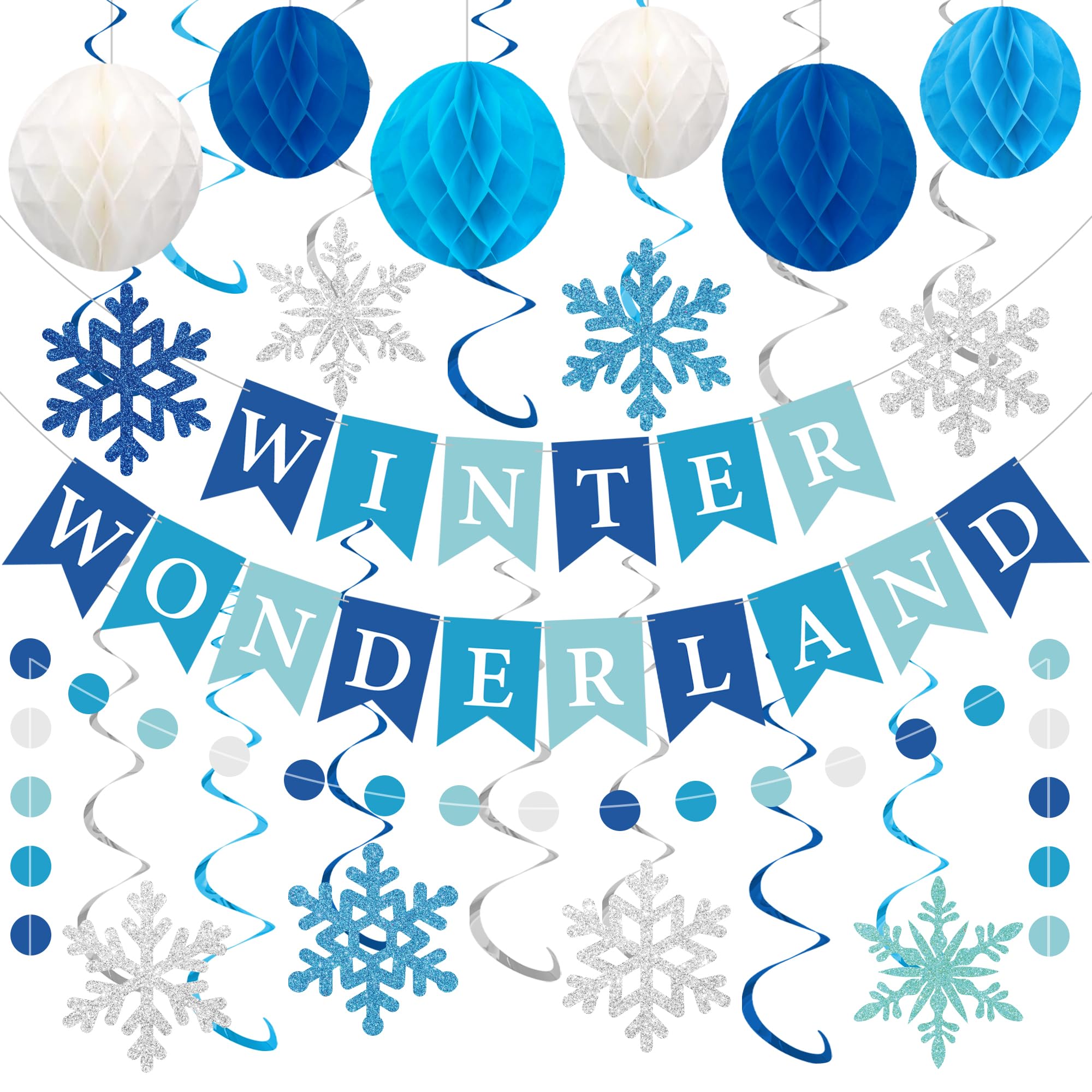 Winter Wonderland Party Decoration Winter Wonderland Banner with Pre-Strung Snowflake Hanging Swirls Blue White Honeycomb Balls Circle Dots Garland for Christmas Holiday Birthday Party Decoration