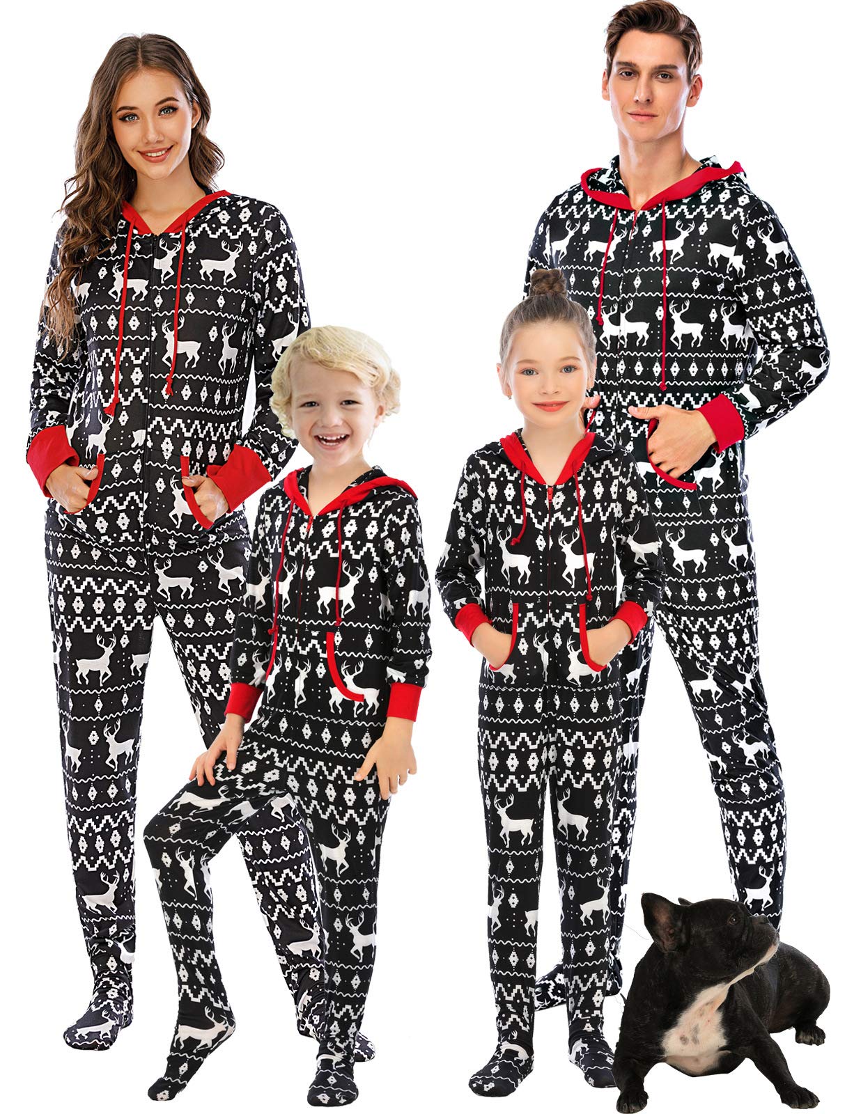 Verve JellyMatching Family Christmas Pajama Set Zipper Front Elk Print Hooded Footed Pjs One-Piece Sleepwear